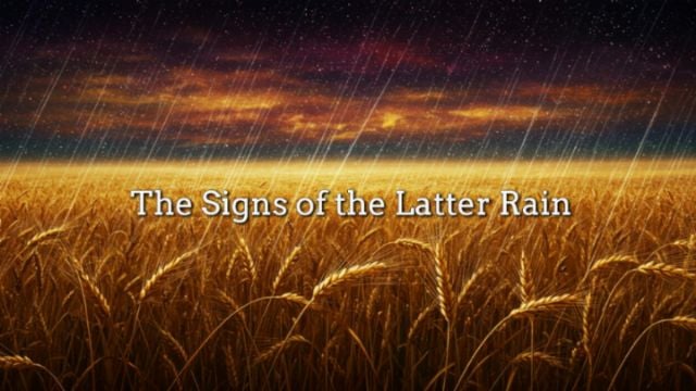 A golden field of grain under a dramatic sky with rain, conveying a sense of abundance and change. The text “The Signs of the Latter Rain” is prominently placed in the center.
